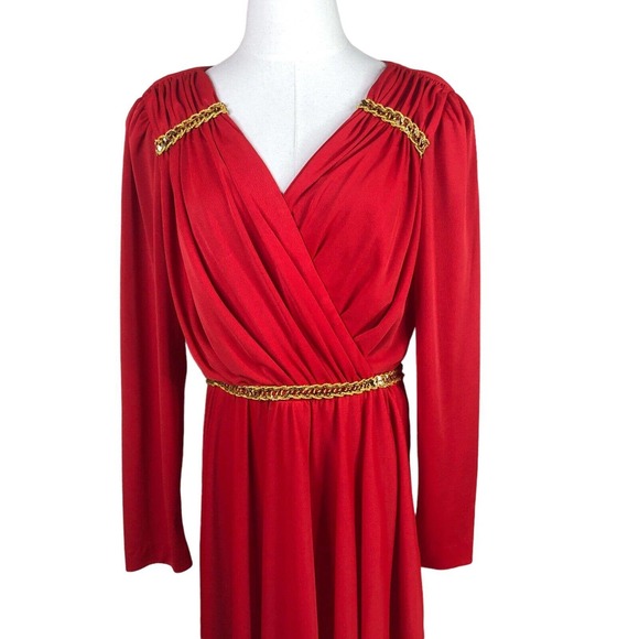 Lilli Diamond Vintage Gown Red Gold Sequin Braid Trim Maxi Dress - Picture 8 of 10